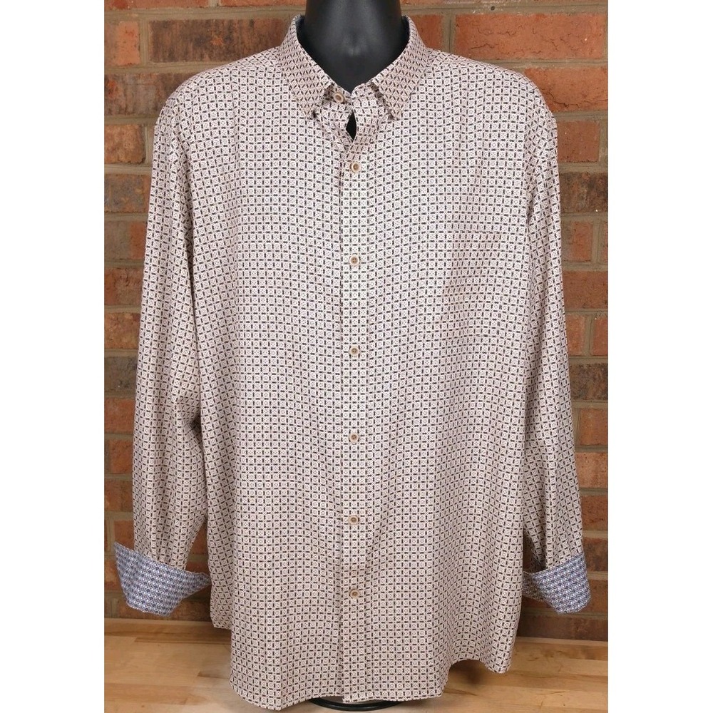 Johnston & Murphy Performance Shirt Mens 2XL Beige Geometric Flip Cuff LS